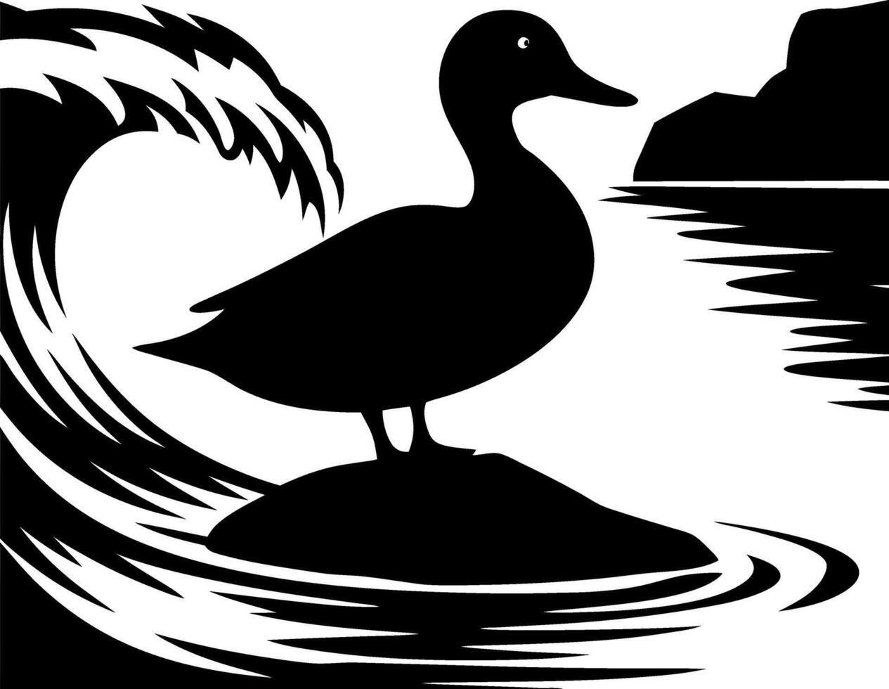 Silhouette of Duck on River Rock with Flowing Water Waves vector
