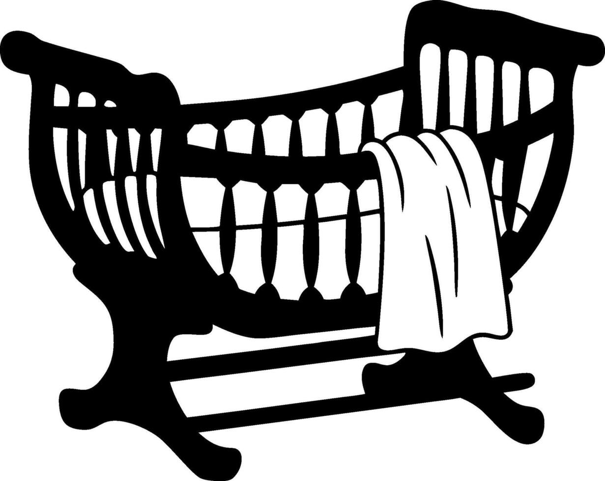 Vintage Baby Cradle Silhouette with Draped Blanket for Nursery Decor vector