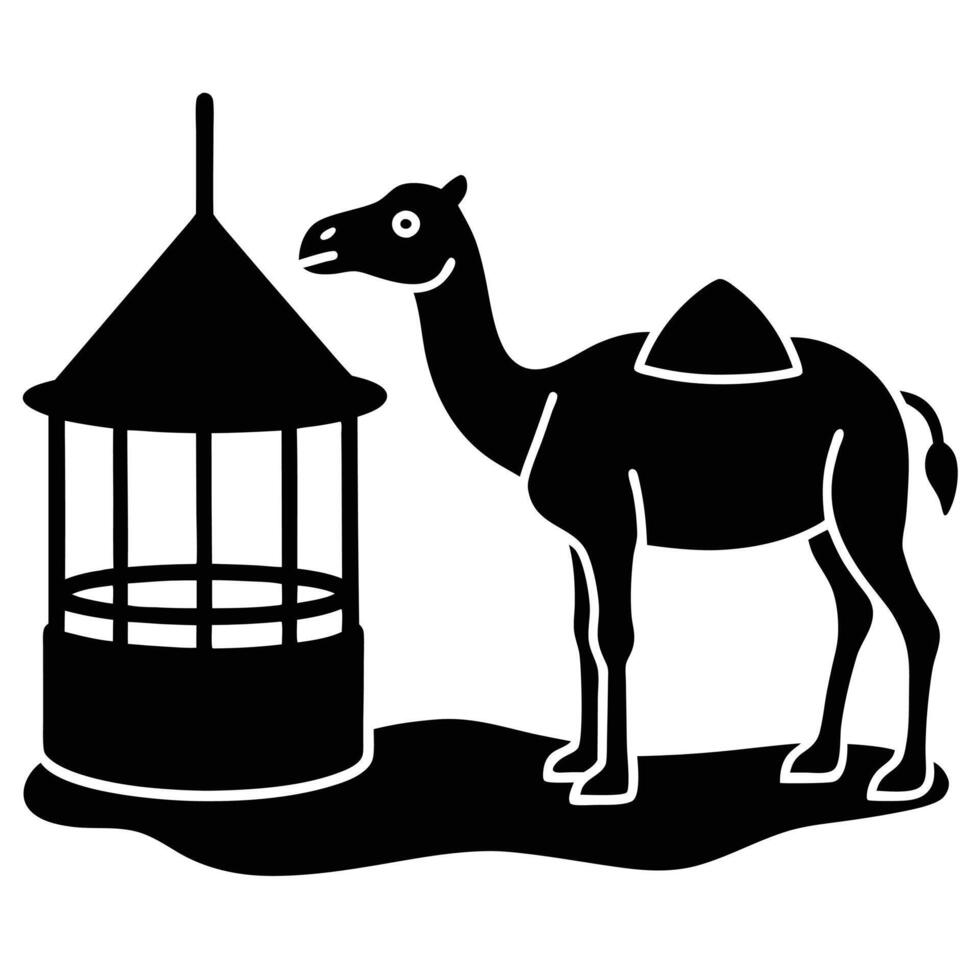 Camel Silhouette Standing Near Water Well in Desert on White Background vector
