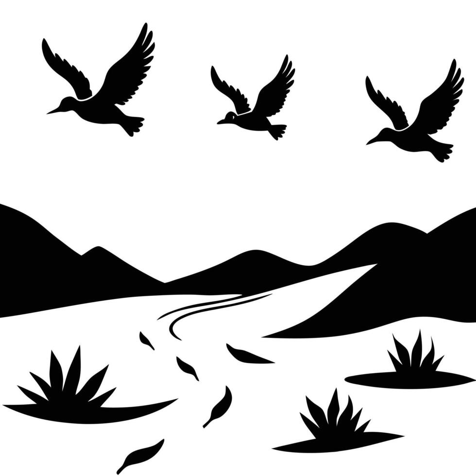 Desert Birds Silhouettes Flying Over Barren Riverbed on White Background vector