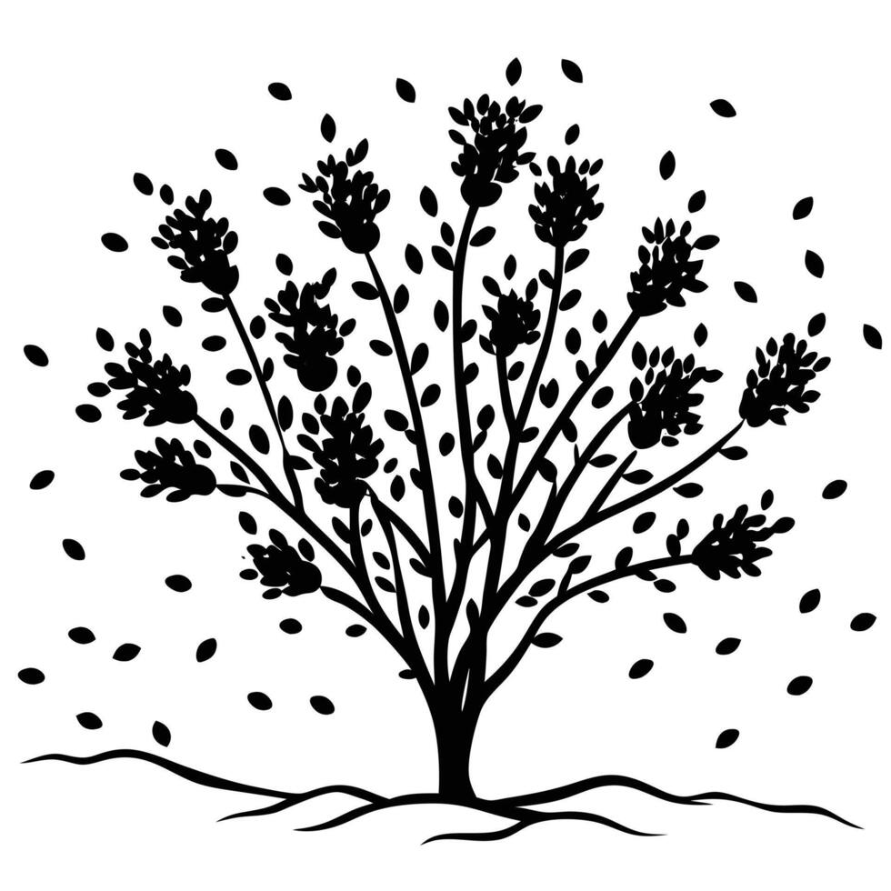 Desert Bush Silhouette with Scattered Small Leaves on White Background vector