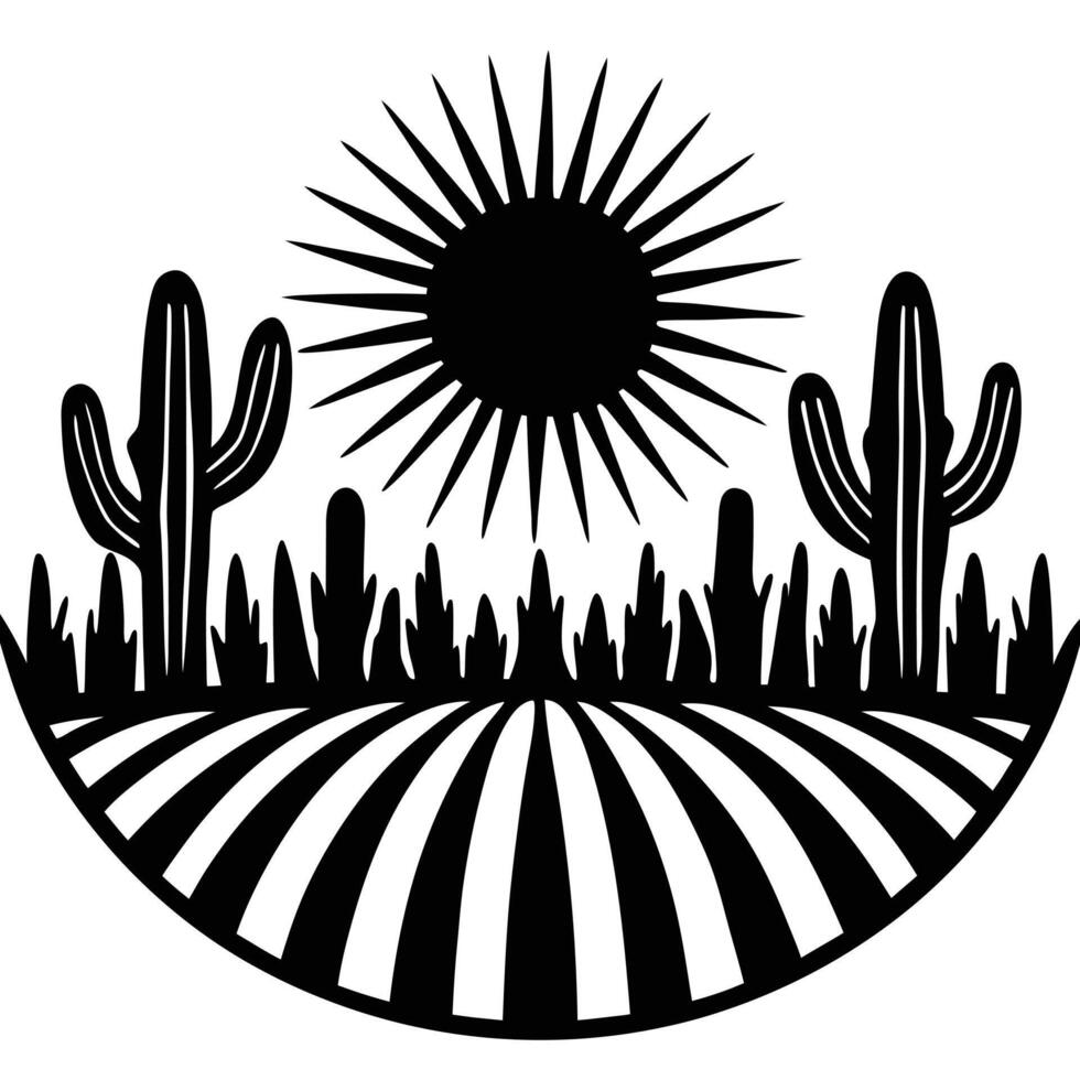 Cactus Field Silhouetted Against a Rising Sun on White Background vector