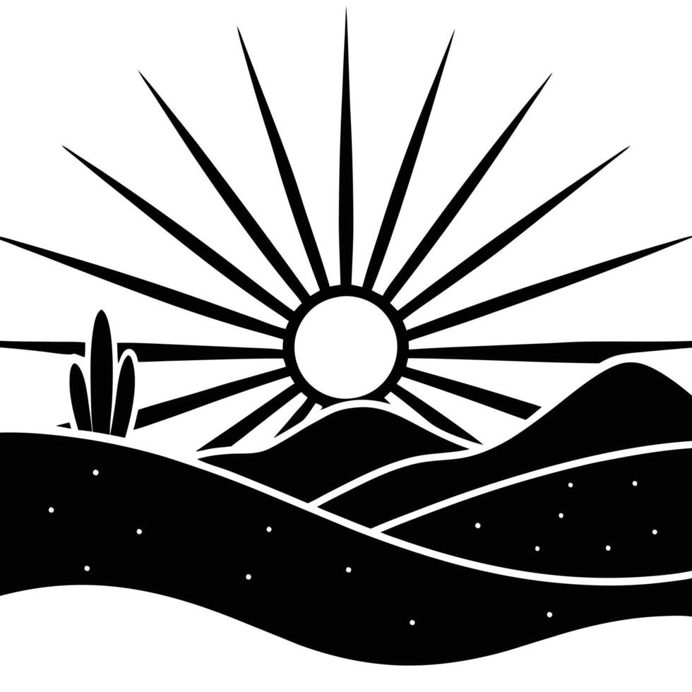 Desert Horizon Silhouette with Glowing Sun Rays on White Background vector