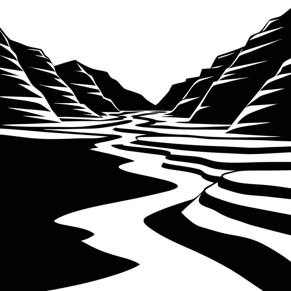Empty Riverbed Silhouette with Layered Canyon Walls on White Background vector