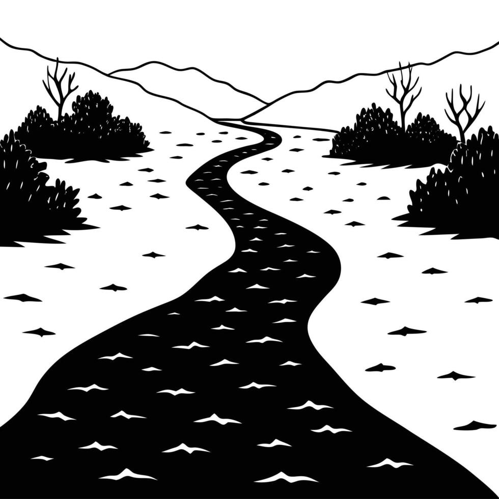 Wide Dry Riverbed Surrounded by Small Shrubs vector
