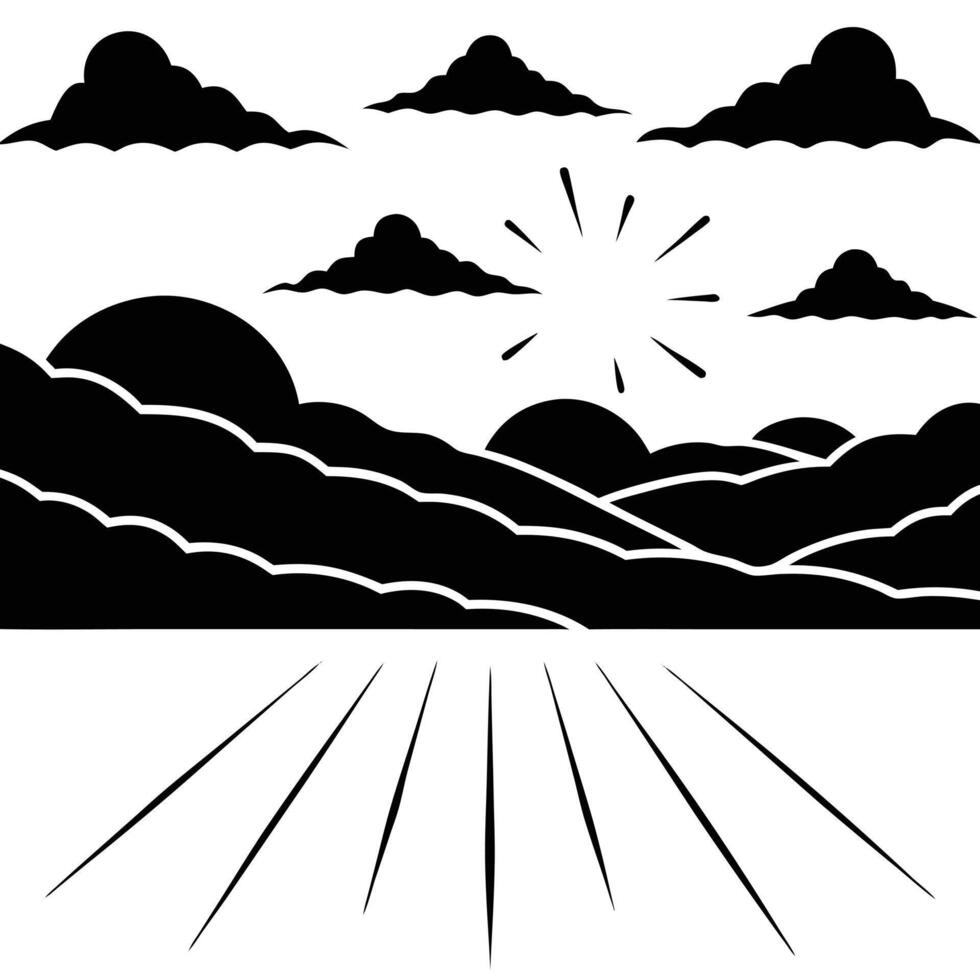 Wide Desert Plain with Sun Rays Piercing Through Clouds vector