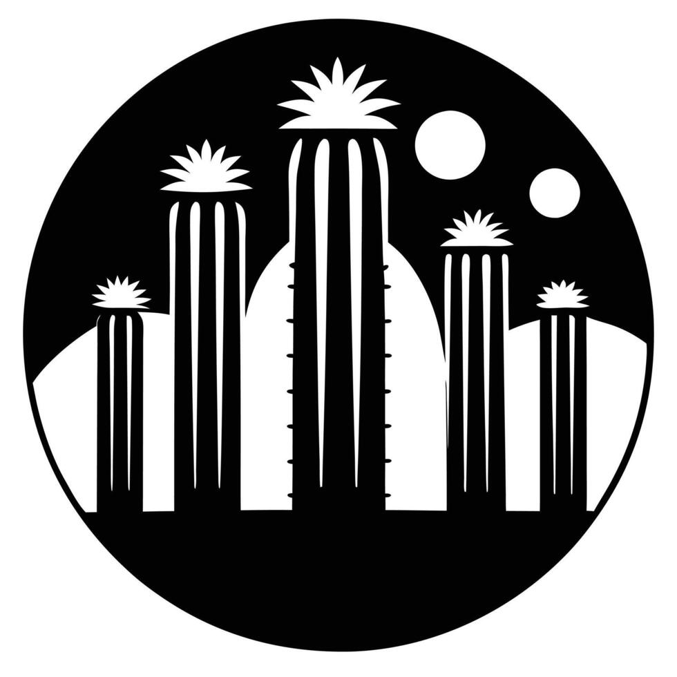 Silhouettes of Round and Columnar Cacti Together in the Desert vector