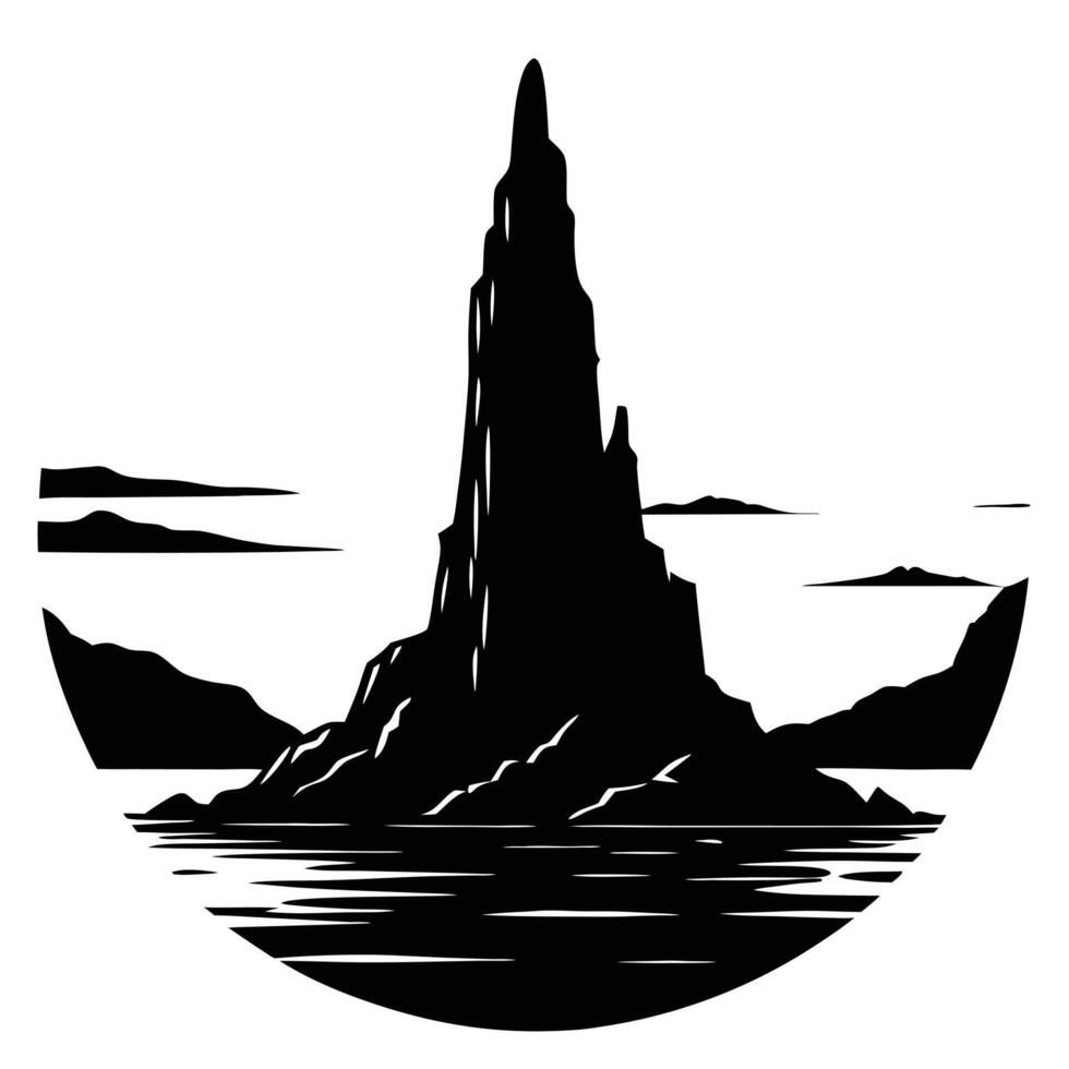 Tall Rocky Promontory Silhouetted Against Horizon vector