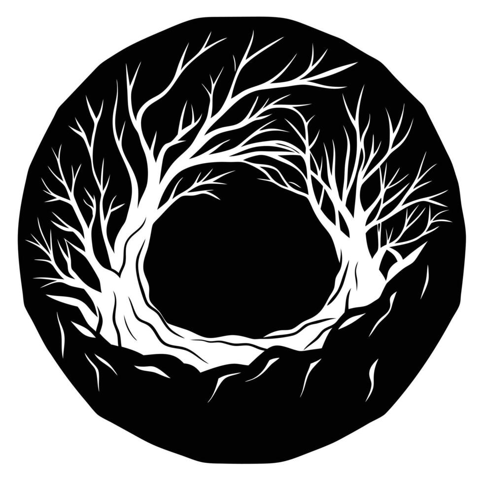 Circular Cave Silhouette with Tree Branches Above vector