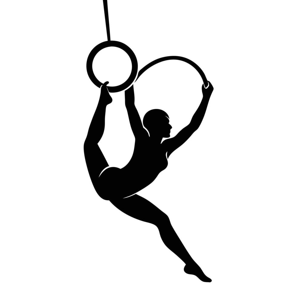 Gymnast Silhouetted Swinging Rings, Displaying Strength vector