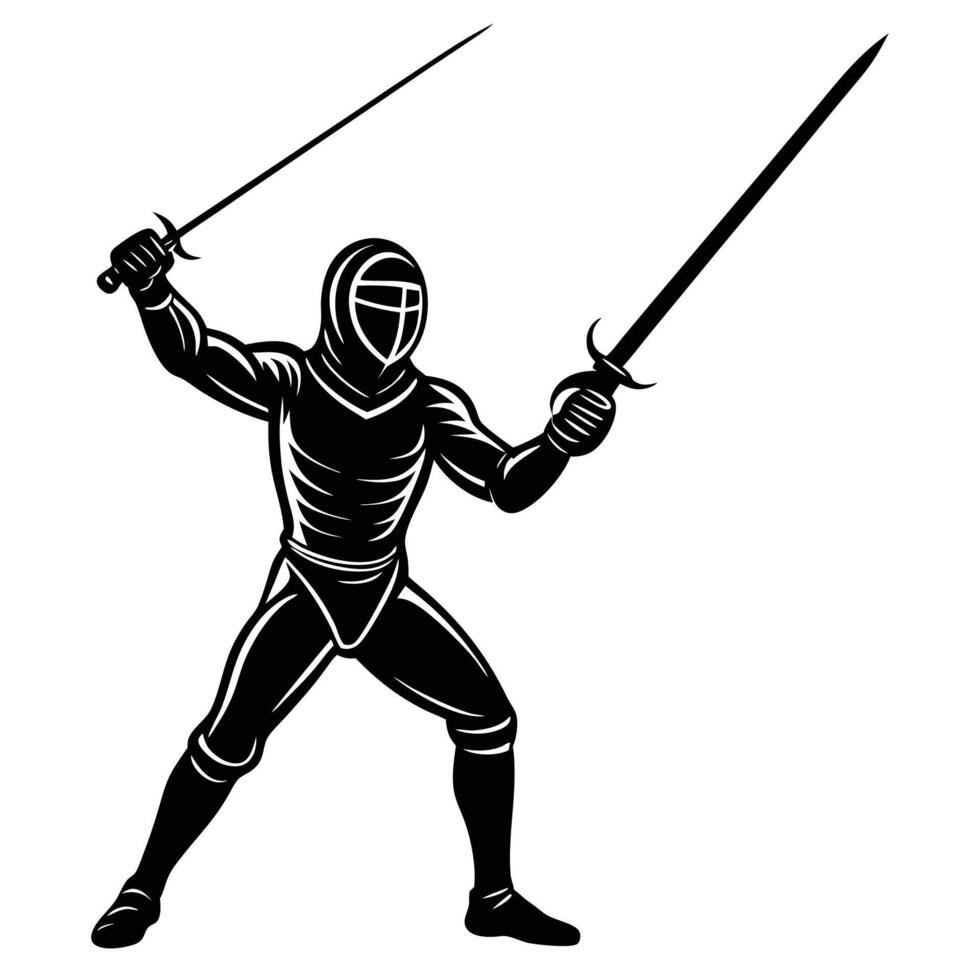 Fencer Silhouetted with Sword Held High vector