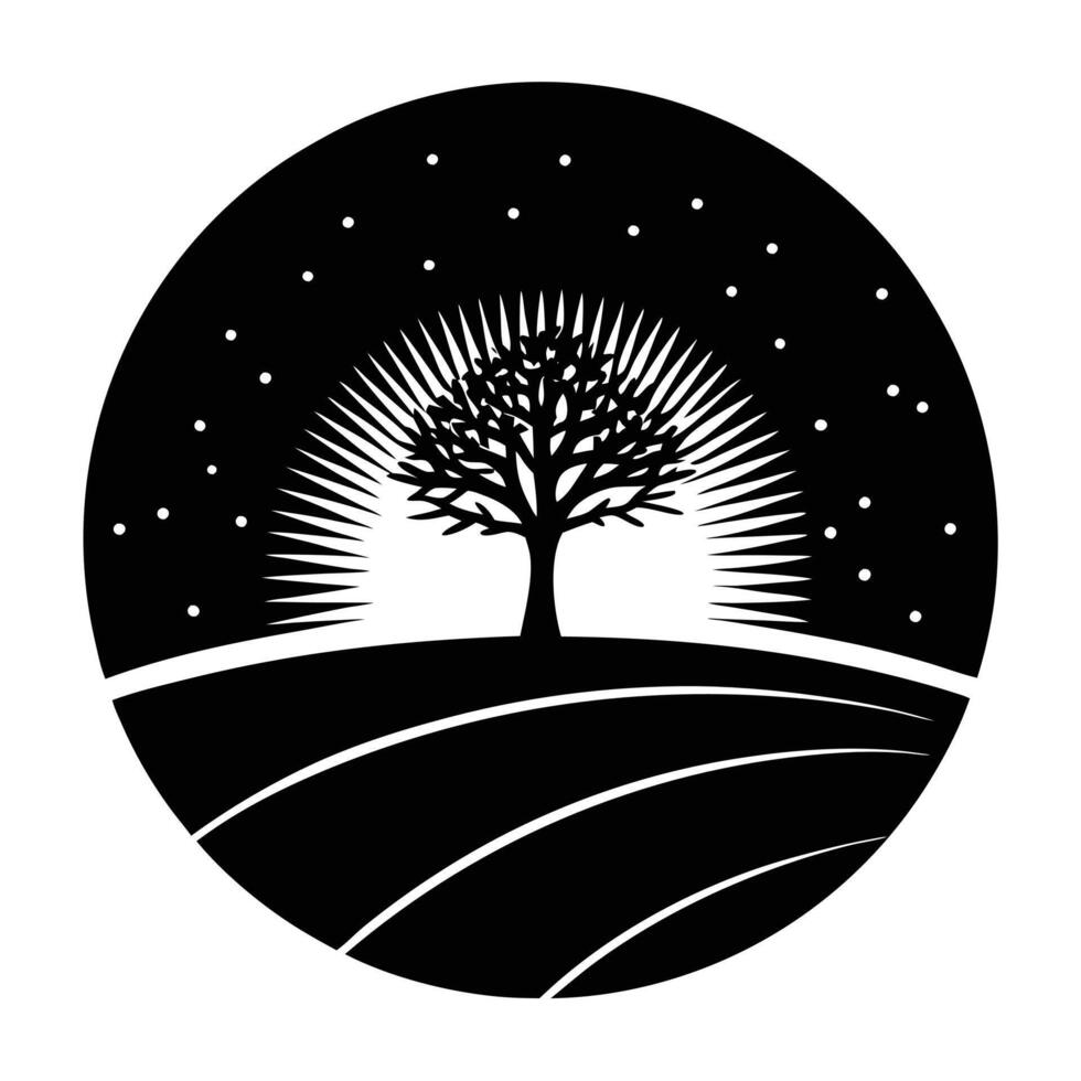 Golden Horizon with Silhouetted Small Tree in Field vector