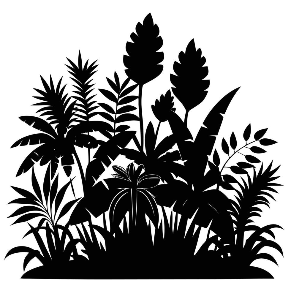 Bushey Jungle Silhouette with Layered Plant Shapes vector