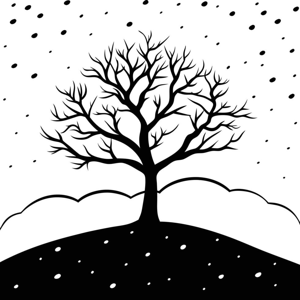 Lone Tree on Snowy Hill Under Cloudy Sky vector