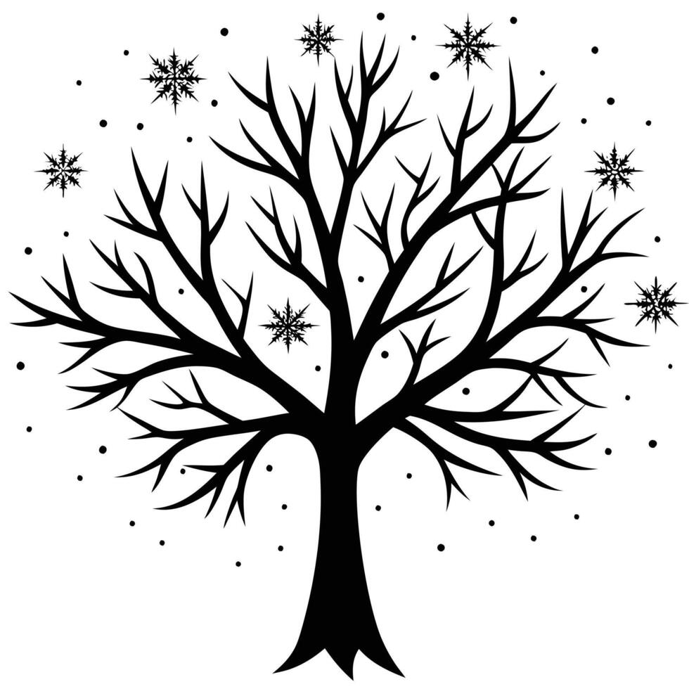 Bare Tree Silhouette with Faint Snowflake Details vector