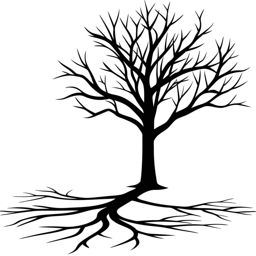 Frosty Bare Tree Casting Shadow on Snow-Covered Field vector