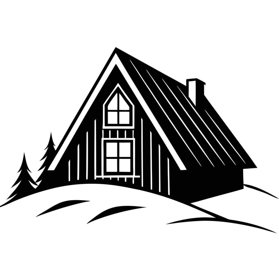 Cabin with Sharp Sloped Roof in White Winter Plain vector