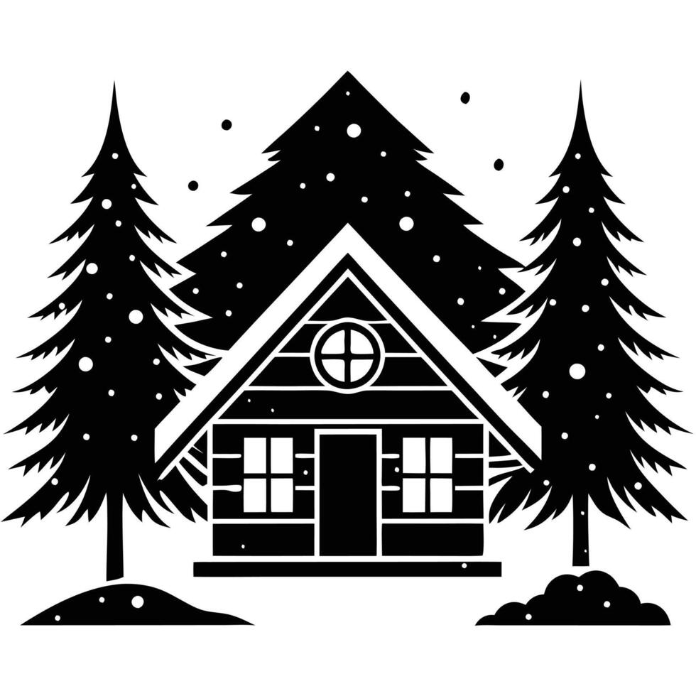 Cabin Nestled Between Snow-Laden Forest Trees vector