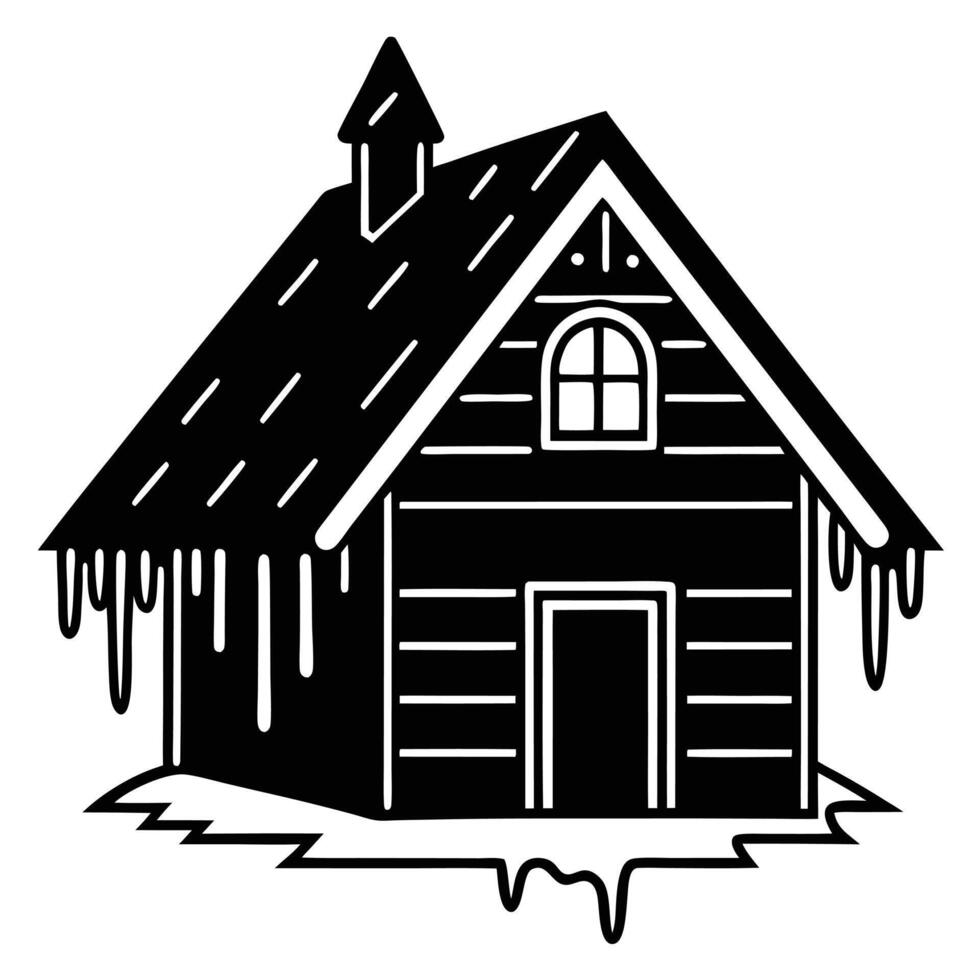 Small Cabin with Icicles Hanging from Roof Edge vector