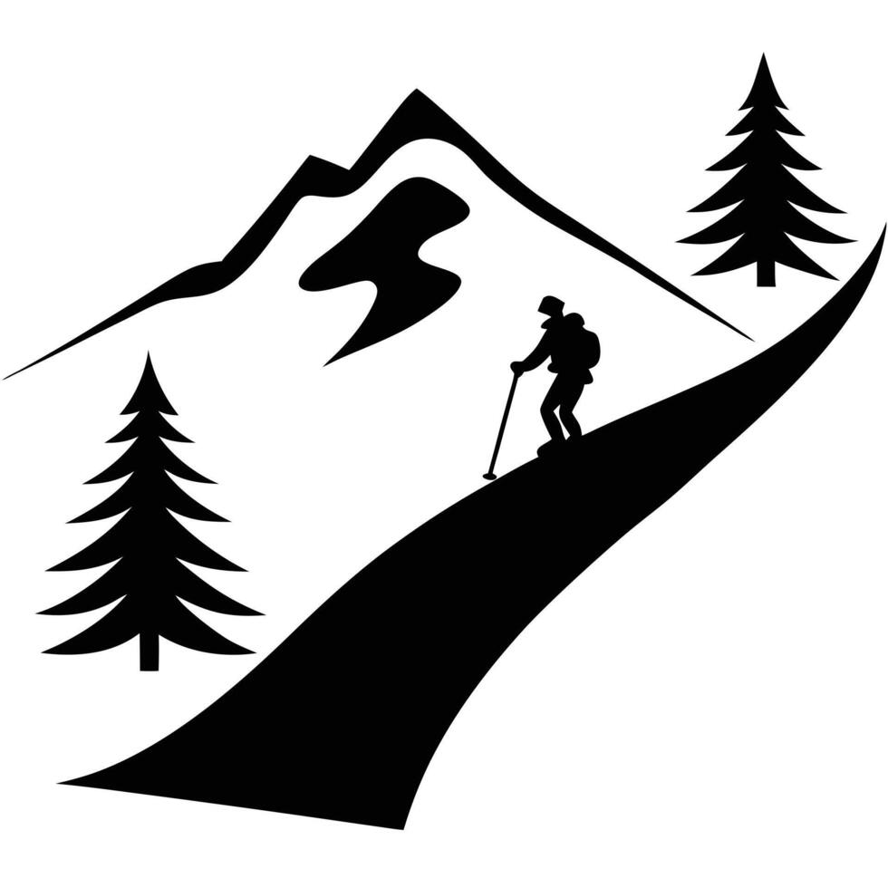 Steep Snowy Hill with Skier and Trail Silhouette vector