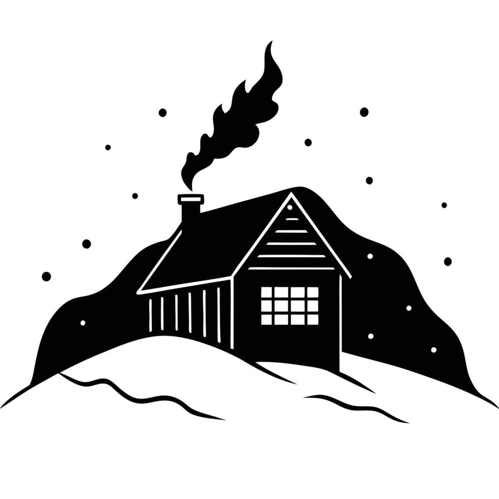 Small Cabin on Snowy Hill with Smoke Rising vector