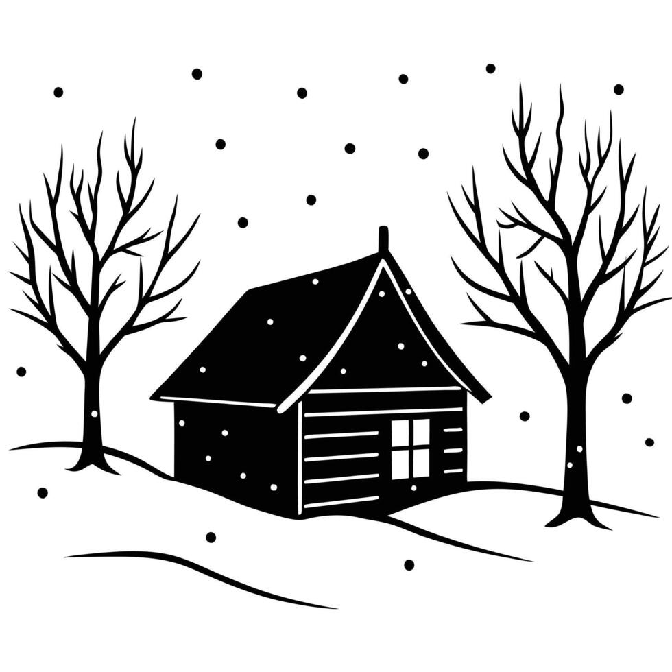 Simple Cabin in Snow with Scattered Bare Trees vector