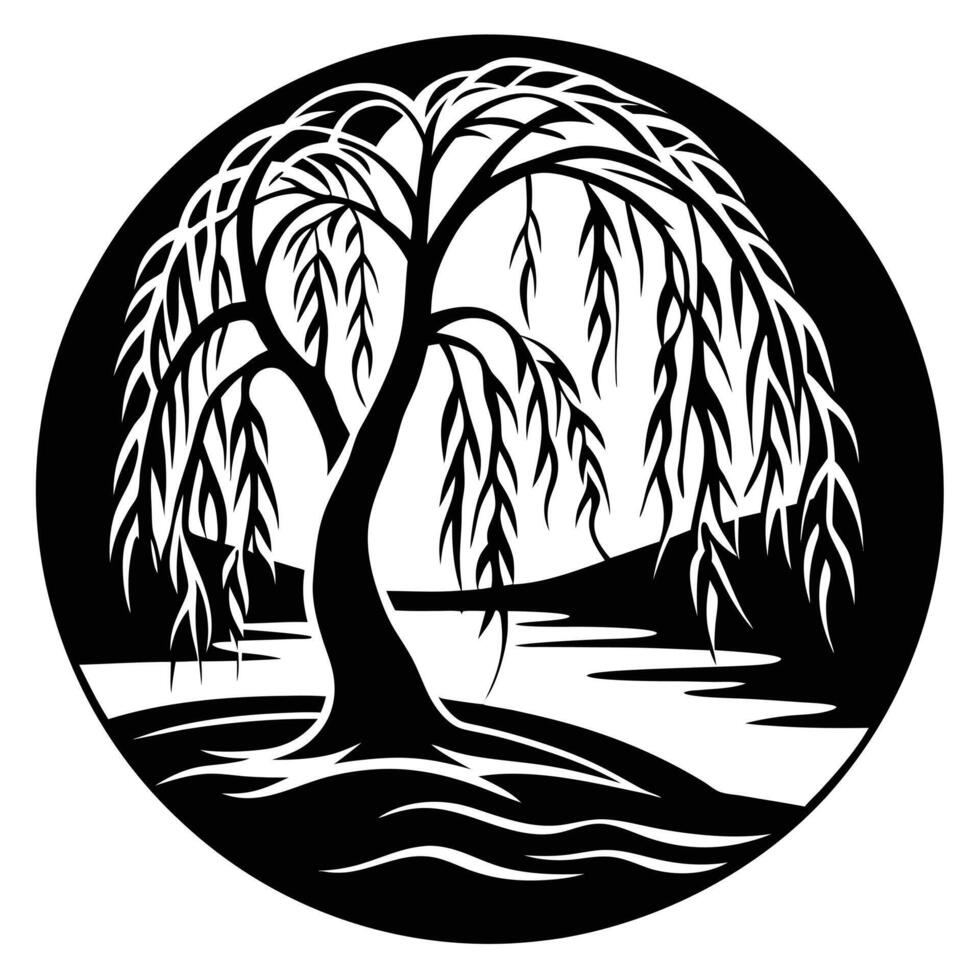 Willow Tree Silhouetted with Curved Branches at the Edge of Water vector