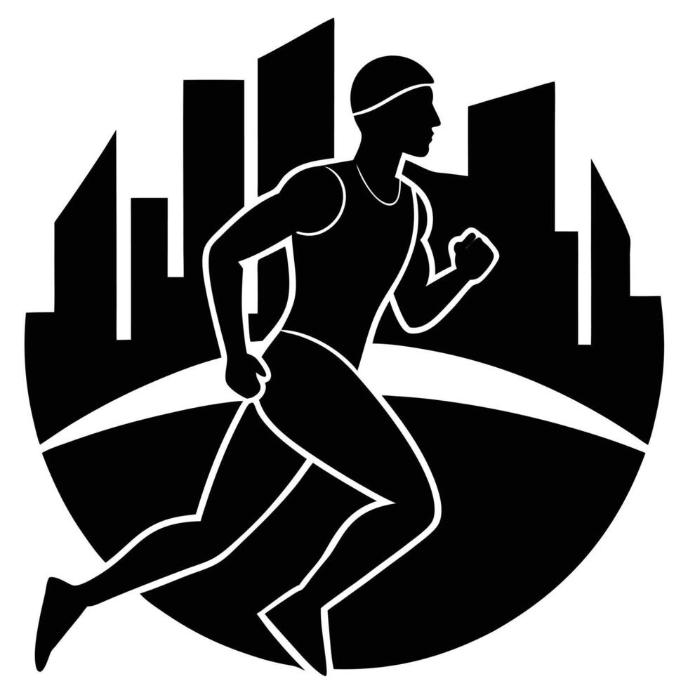 Athlete Silhouetted Running with a City Skyline in the Background vector