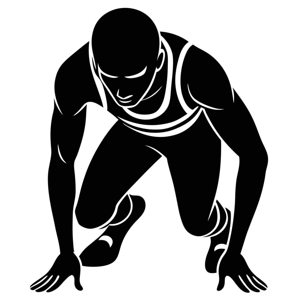 Athlete Silhouetted Preparing to Start a Race on White Background vector