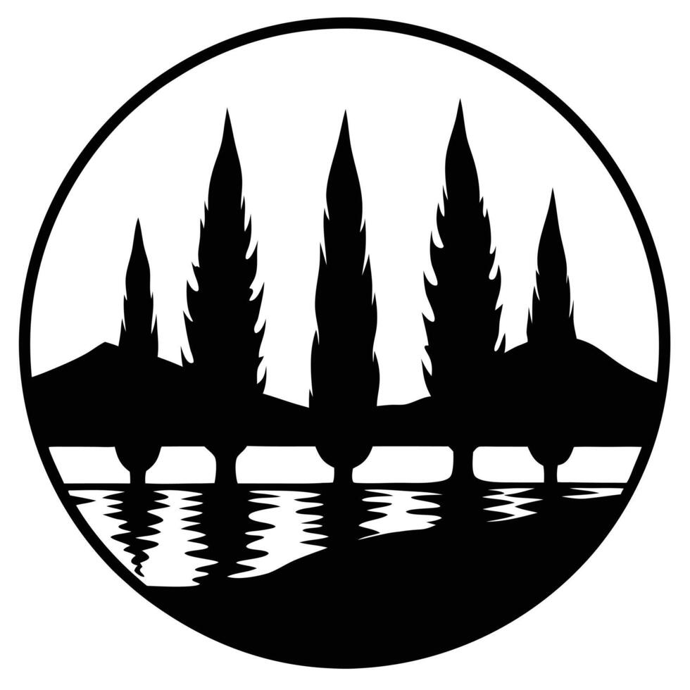 Cypress Trees Silhouetted Framing a Serene Lake vector