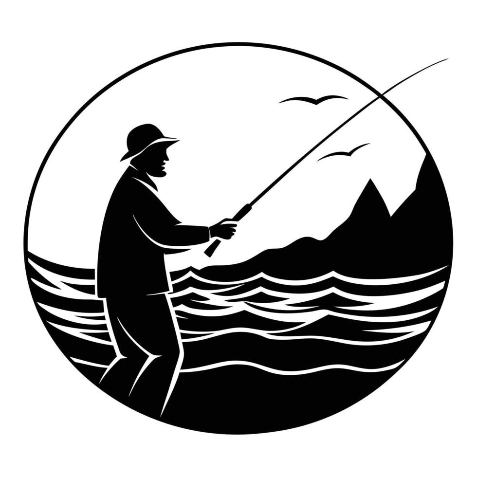 Fisherman Silhouetted Casting Line at Sunset vector