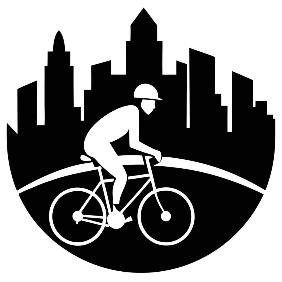 Cyclist Silhouetted with City Skyline Behind vector