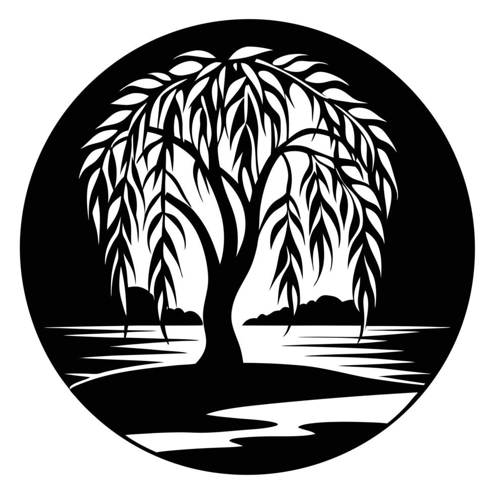 Willow Tree by a Calm River Silhouetted vector
