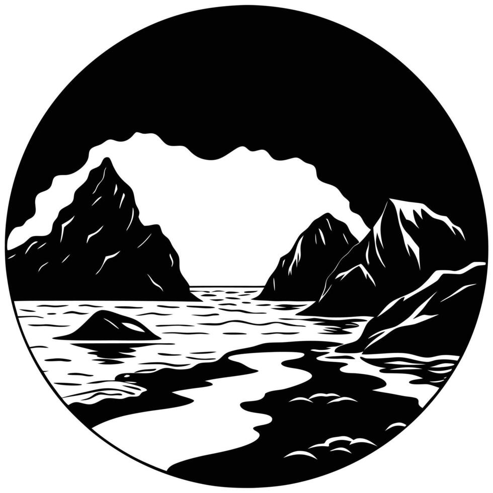 Beach Cove Silhouetted Surrounded by High Rocks vector