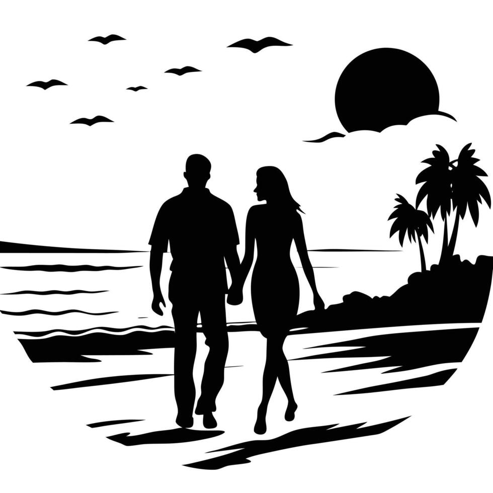 Silhouetted Couple Walking Along the Beach at Sunset vector