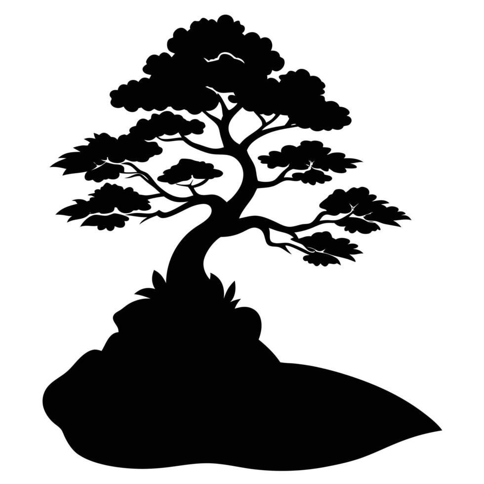 Silhouette of a Bonsai Tree on a Rocky Hill vector