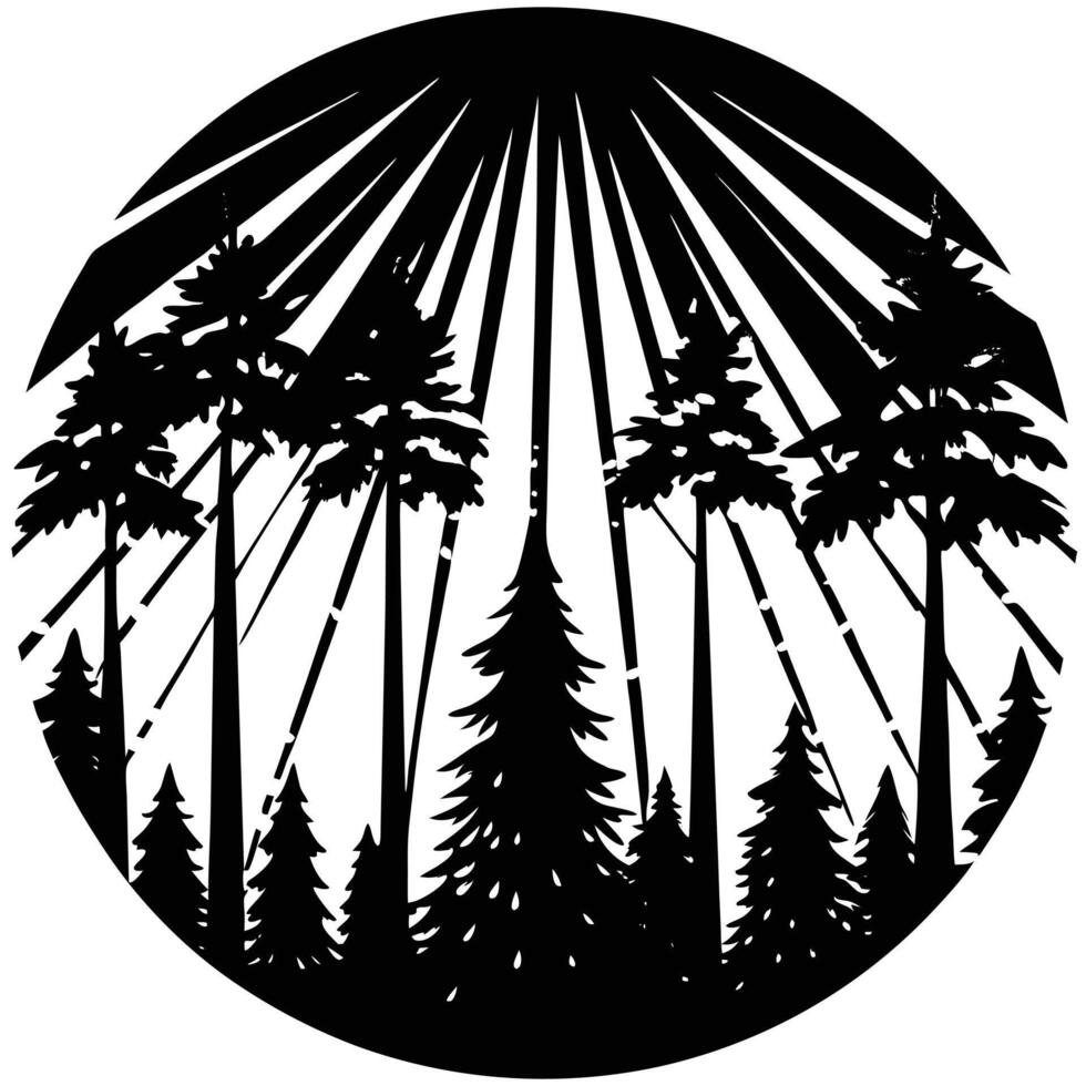Forest Silhouetted with Sunbeams Breaking Through vector