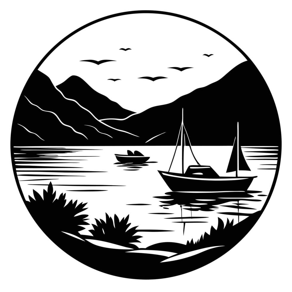 Silhouetted Quiet Bay with Distant Boats vector