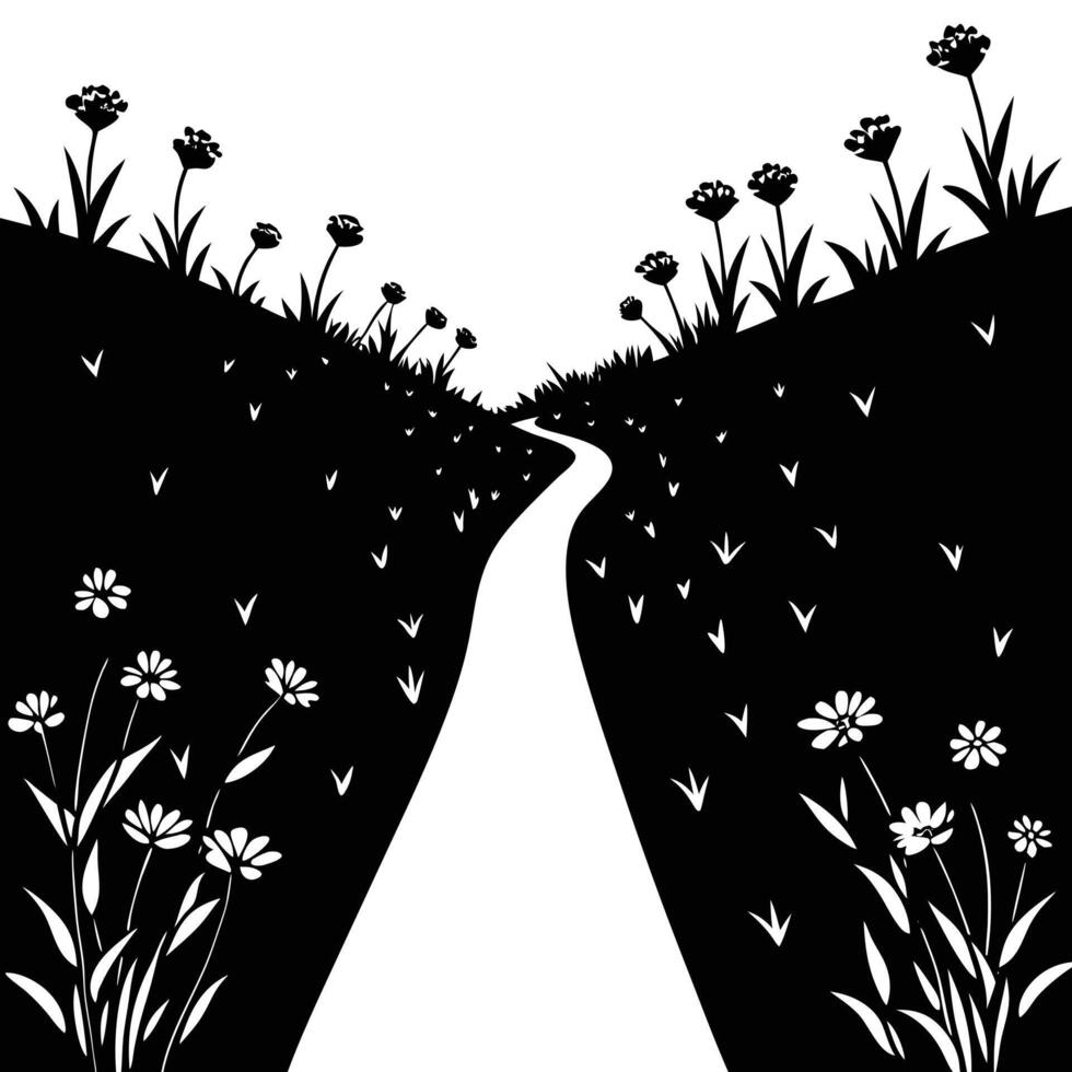 Riverbed Silhouetted Lined with Wildflowers vector