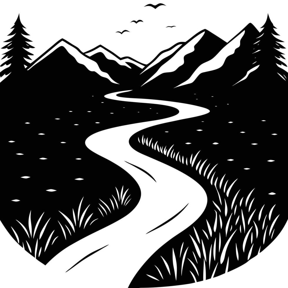 Silhouetted Quiet River Running Through Open Meadows vector