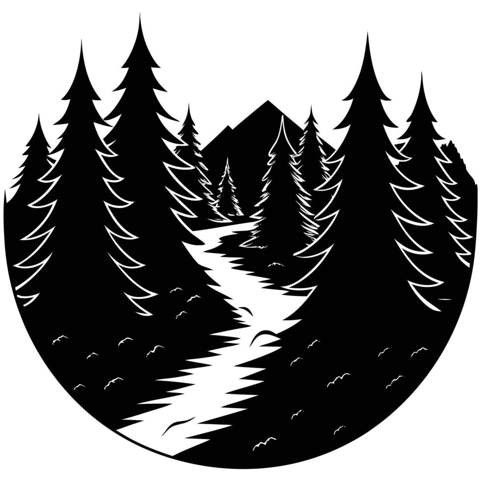 Serene River Silhouetted Surrounded by Dense Forest vector