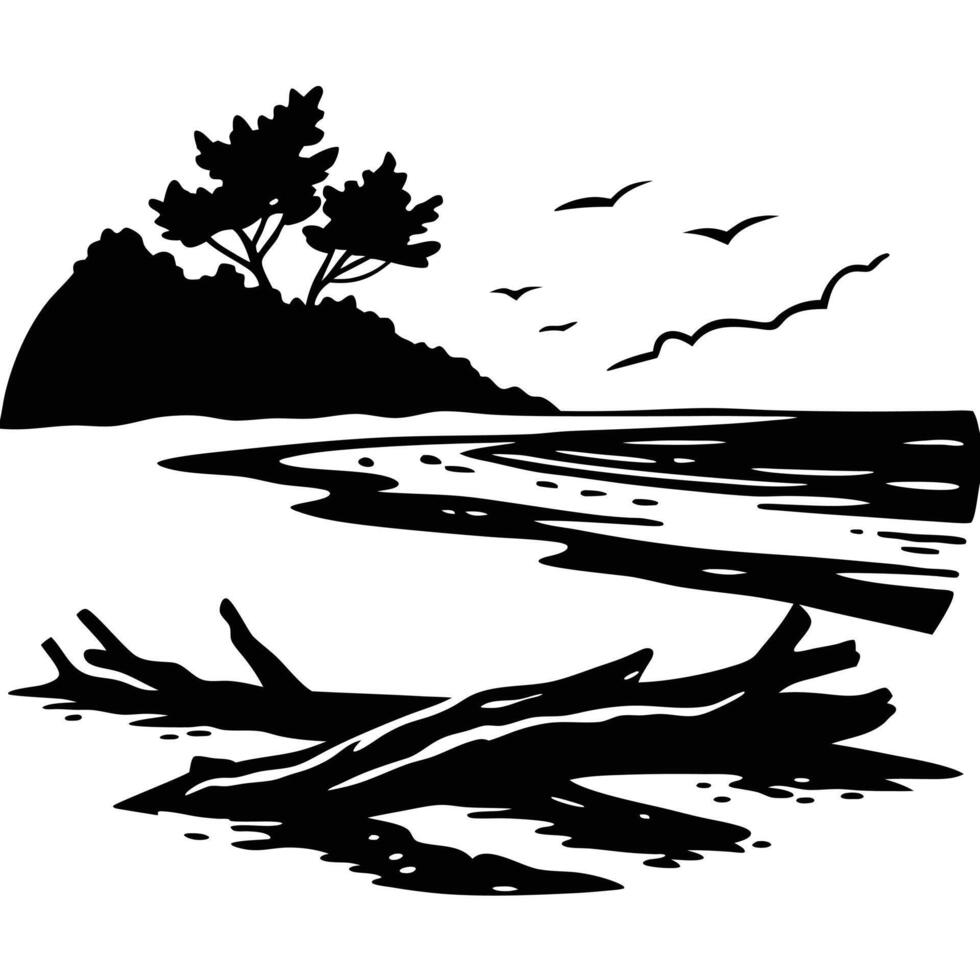 Secluded Beach Silhouetted with Driftwood vector