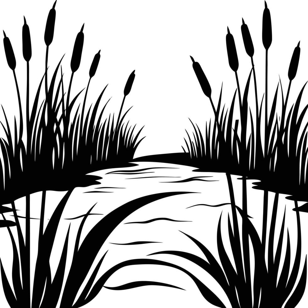 River Silhouetted with Reeds and Cattails vector
