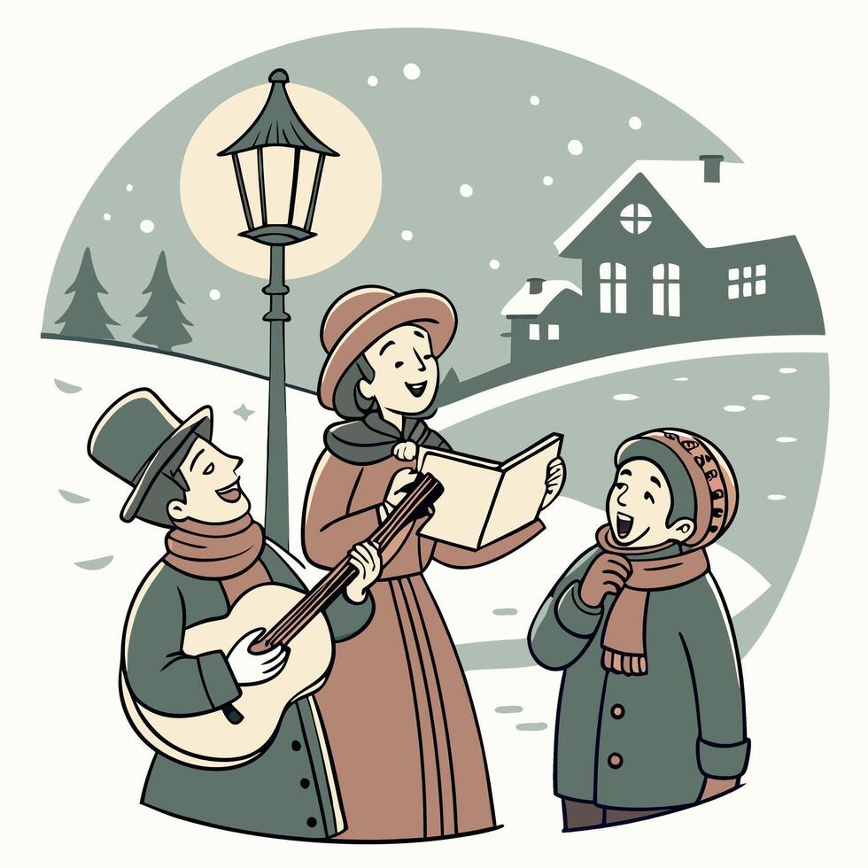 A cartoon illustration of a family singing in the snow vector