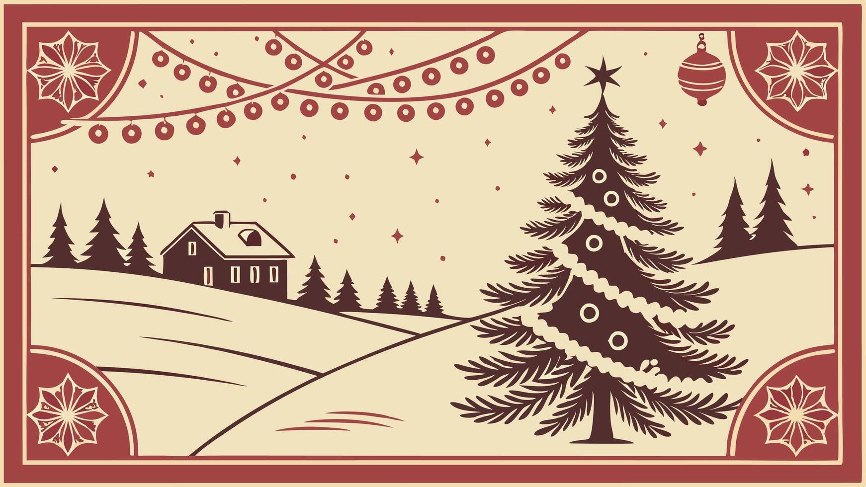 Christmas card with a christmas tree and house vector