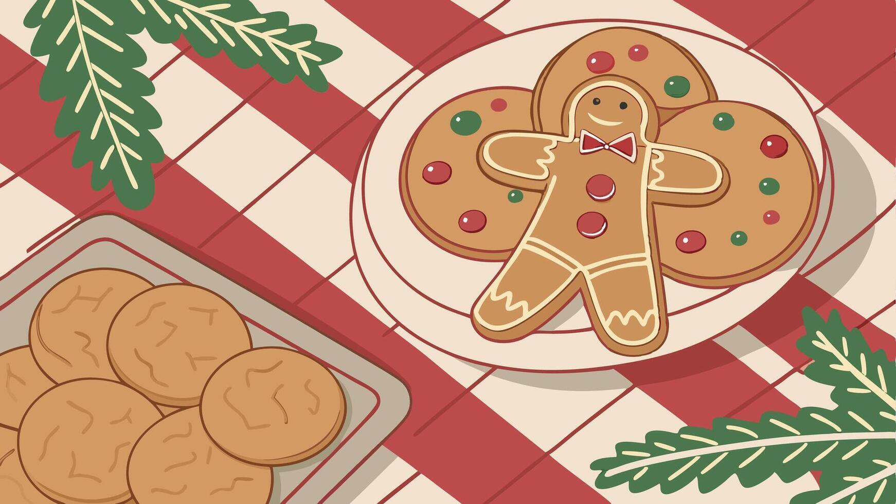 A plate of cookies and a gingerbread man on a checkered tablecloth vector
