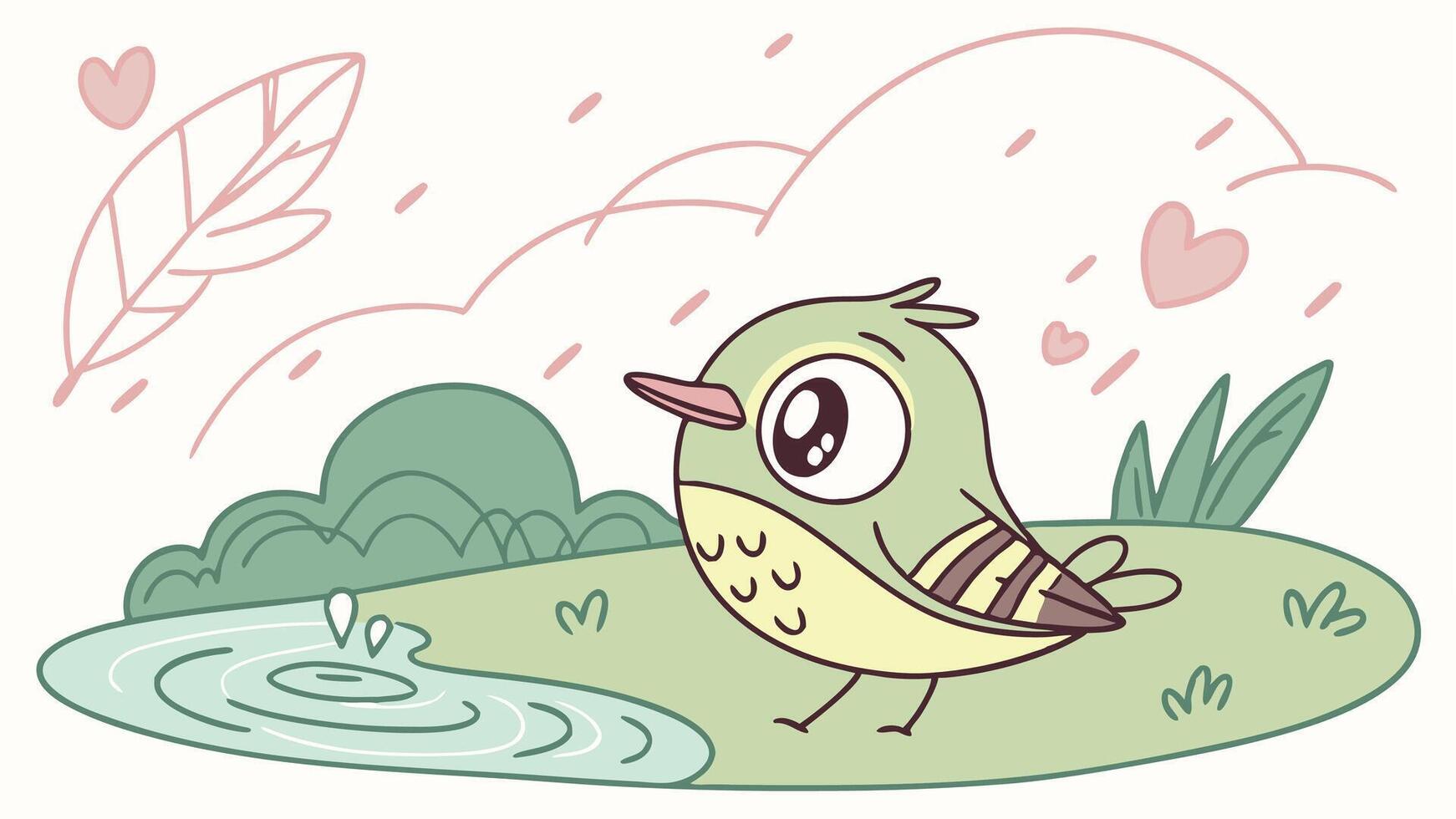 A cartoon bird standing in the rain with hearts vector