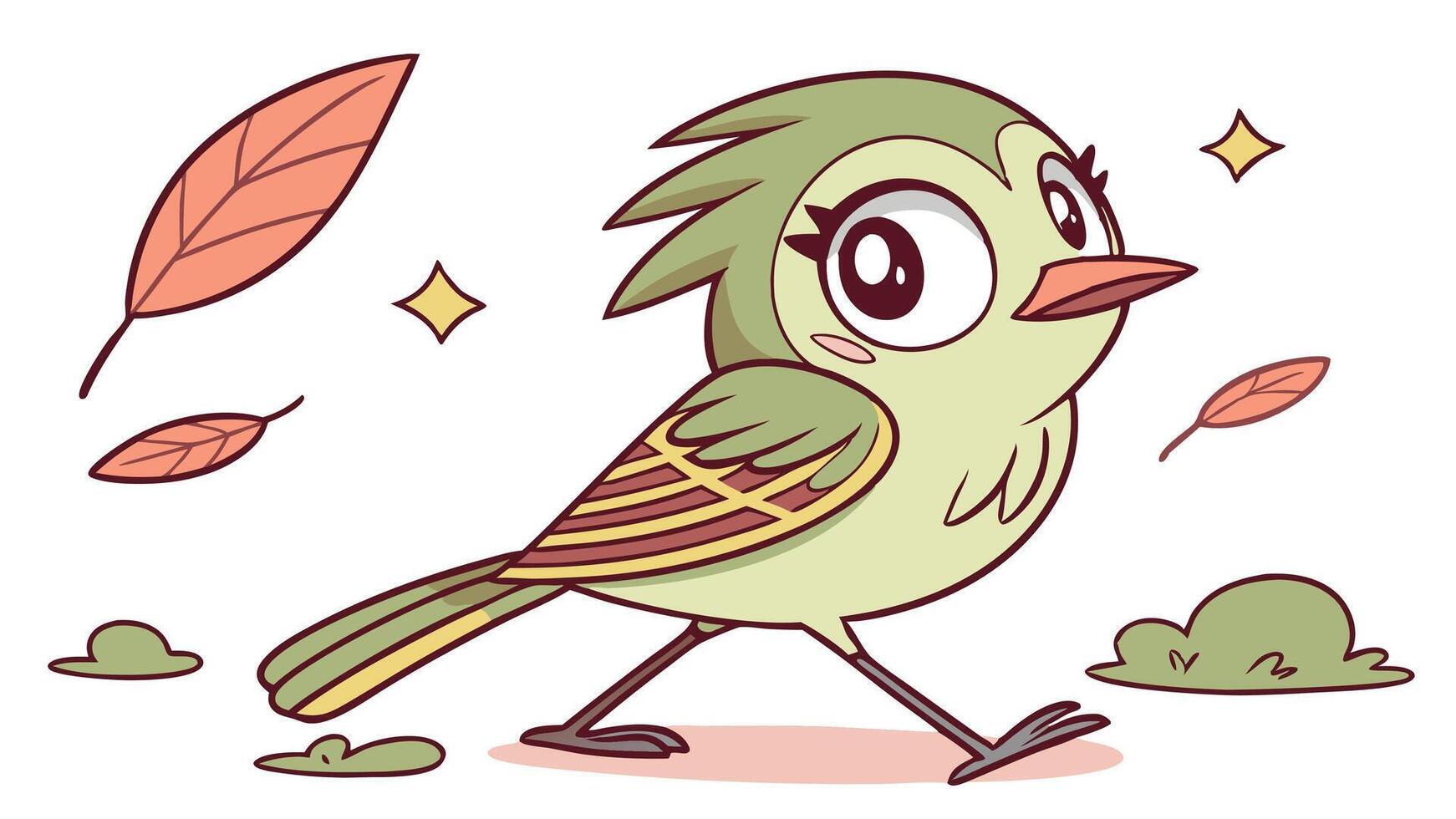 A cartoon bird with green feathers and leaves vector