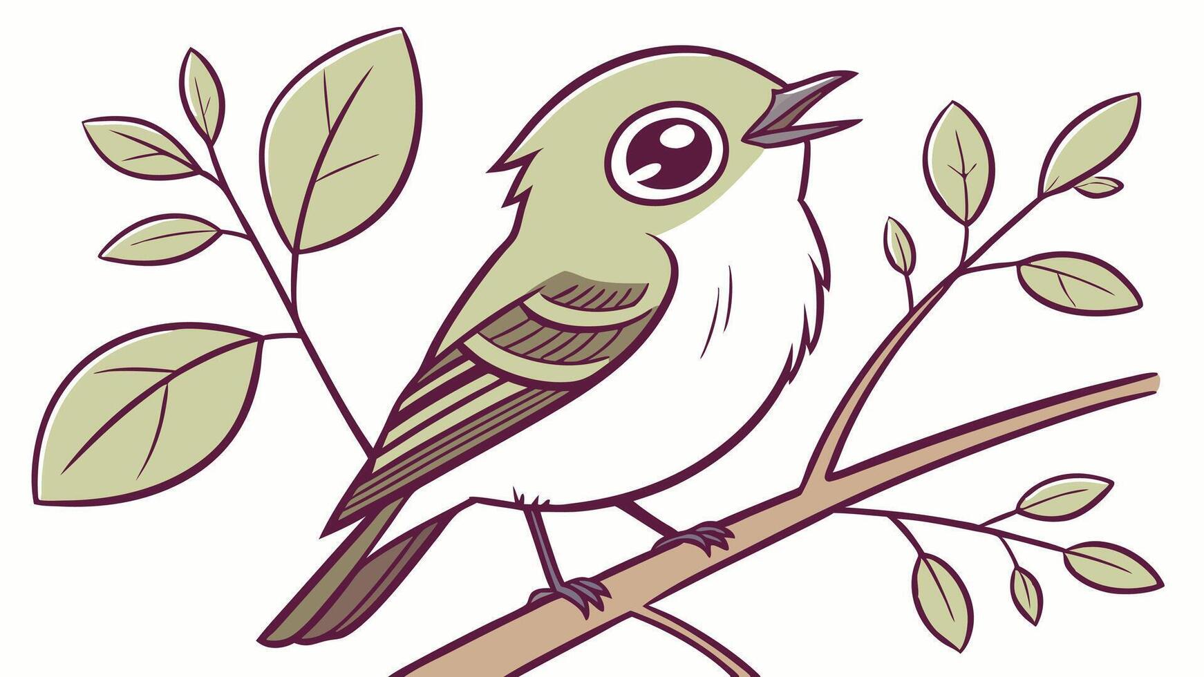 A cartoon bird sitting on a branch with leaves vector
