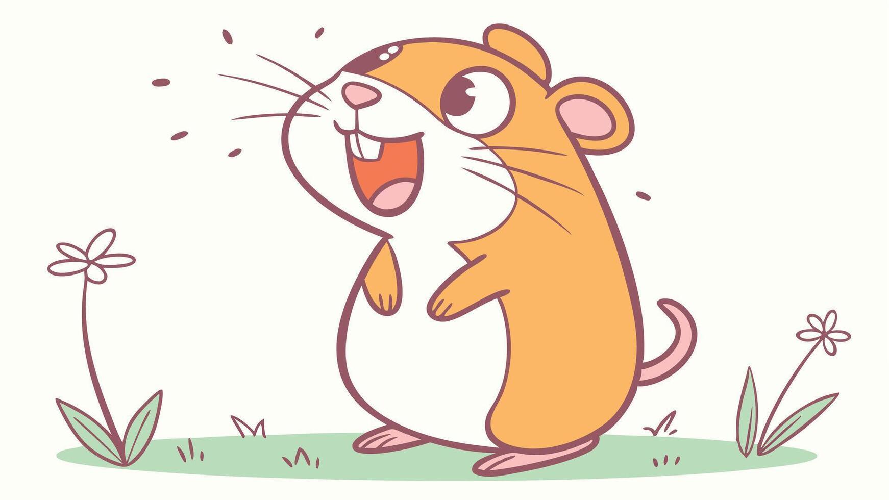 A cartoon hamster standing in the grass with flowers vector